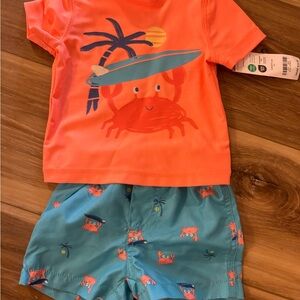 Baby Swim Set with Crab Print - Orange and Blue 3 months